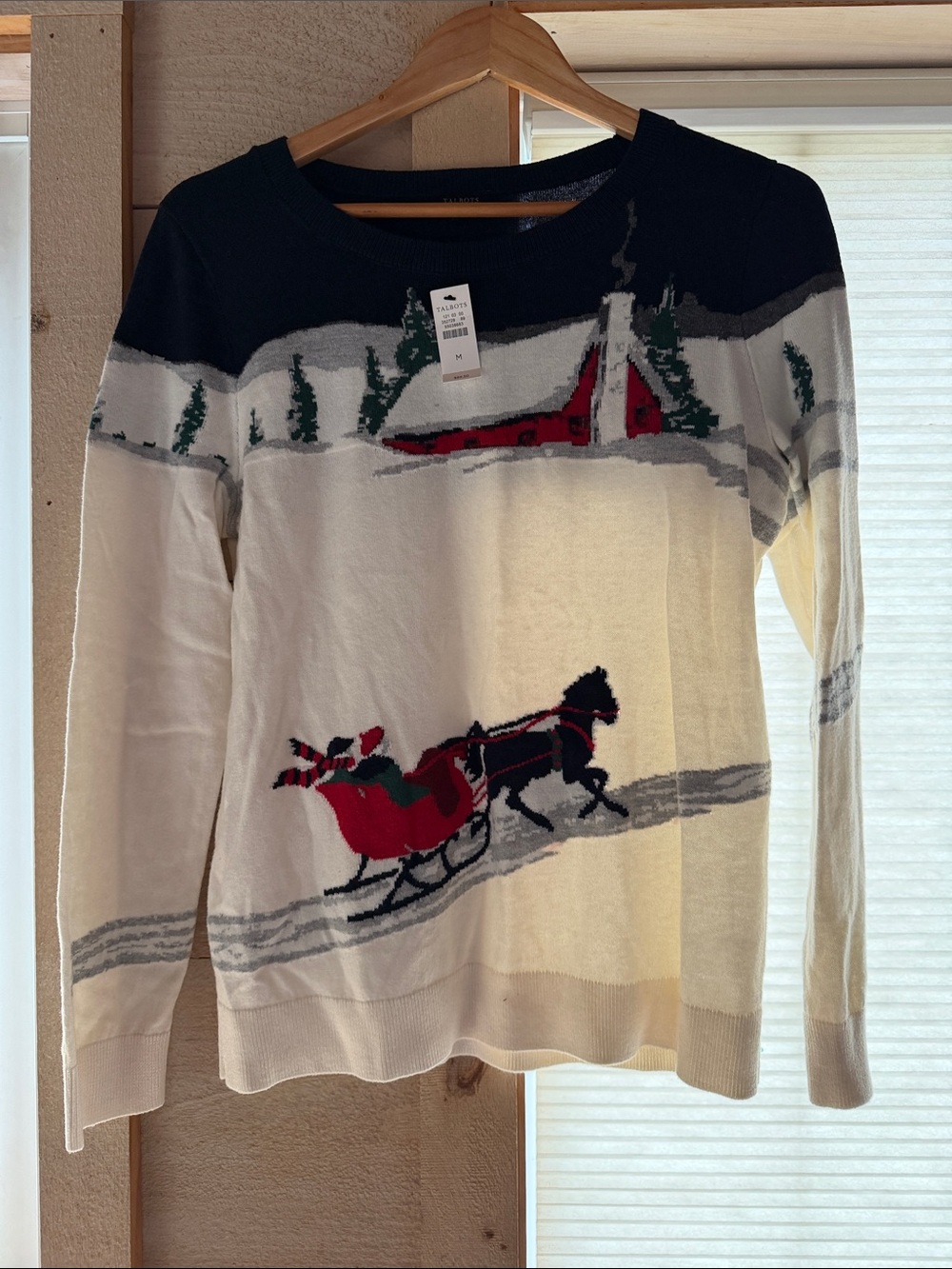 Talbots Cream Holiday Crewneck Sweater with Black & Red Sleigh
